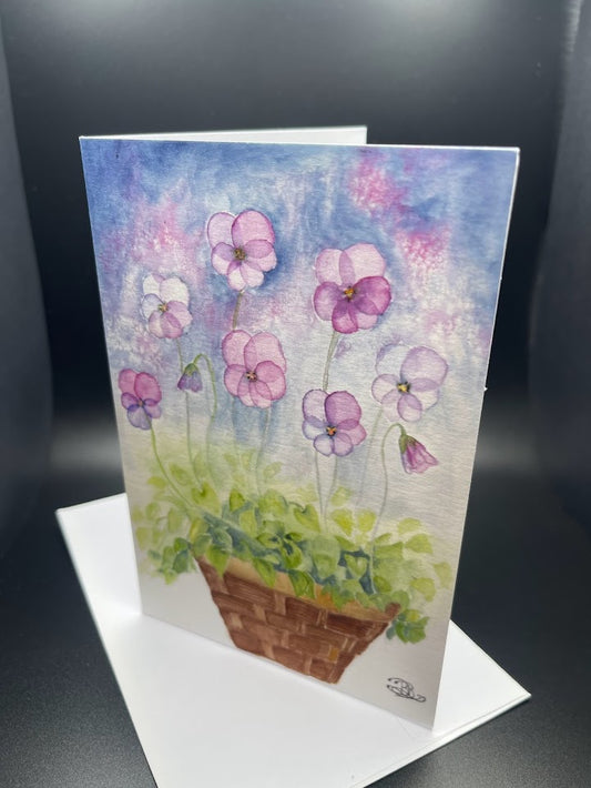 Pansies Pot Greeting Card, 4x6, hand painted, blank greeting card