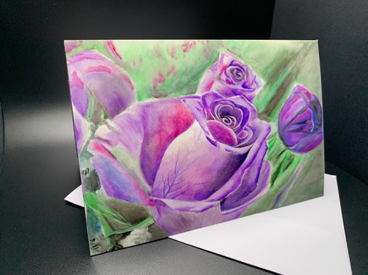 Purple Roses 4x6 Greeting Card, hand painted blank card