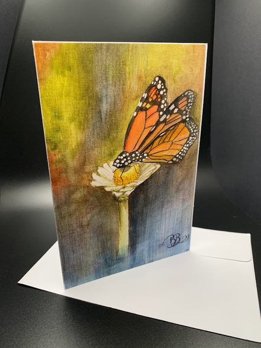 Monarch on flower greeting card, blank 4x6, hand painted