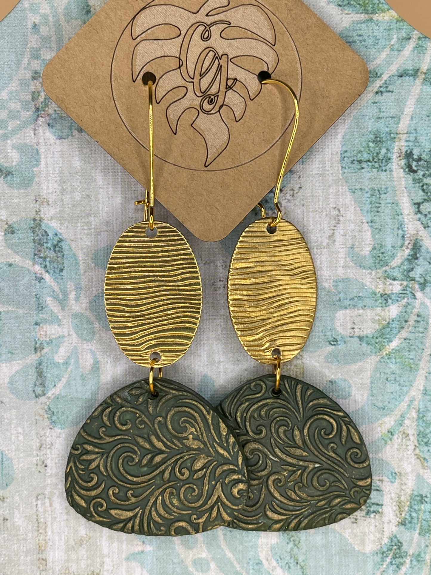 Gold and Green Polymer Clay Oval Earrings