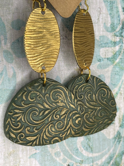 Gold and Green Polymer Clay Oval Earrings