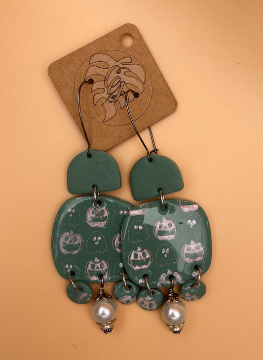 Spooky Green Stenciled Chandelier Earrings