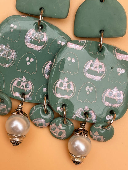 Spooky Green Stenciled Chandelier Earrings