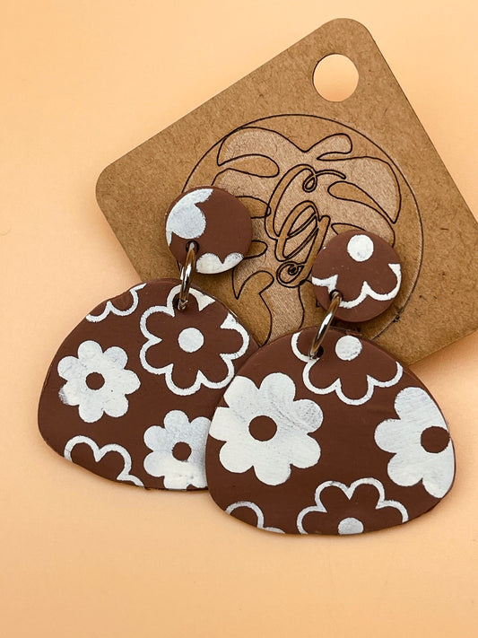 Brown Floral Polymer Clay Earrings