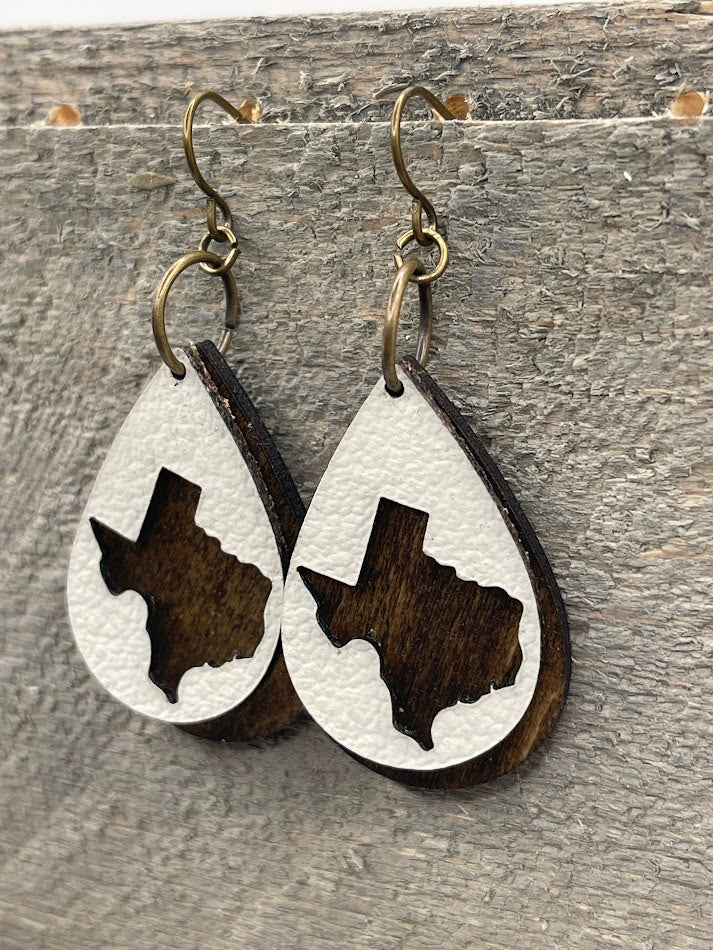 Leather and Wood Texas Cutout Earrings