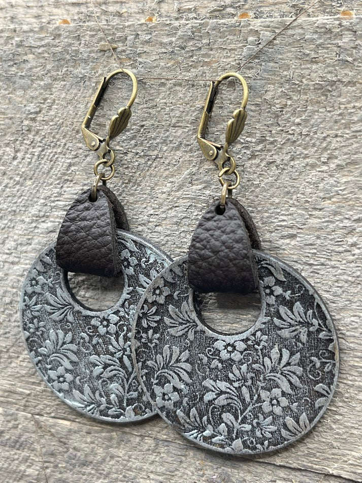 Damask Pattern Wood and Leather Earrings