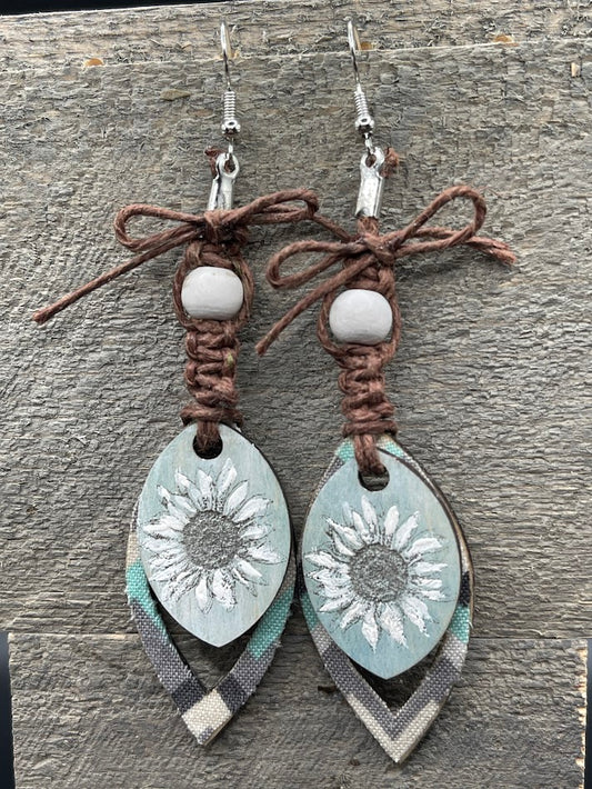 Hemp, Wood, and Fabric Sunflower Earrings