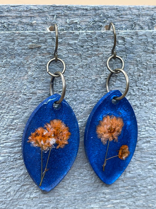 Blue Resin and Orange Flower Marquis Earrings