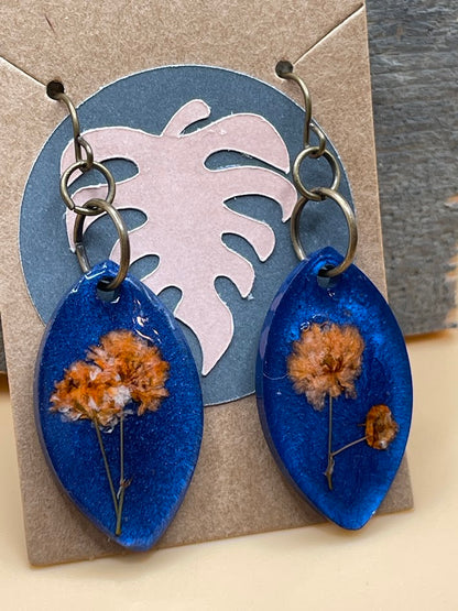 Blue Resin and Orange Flower Marquis Earrings