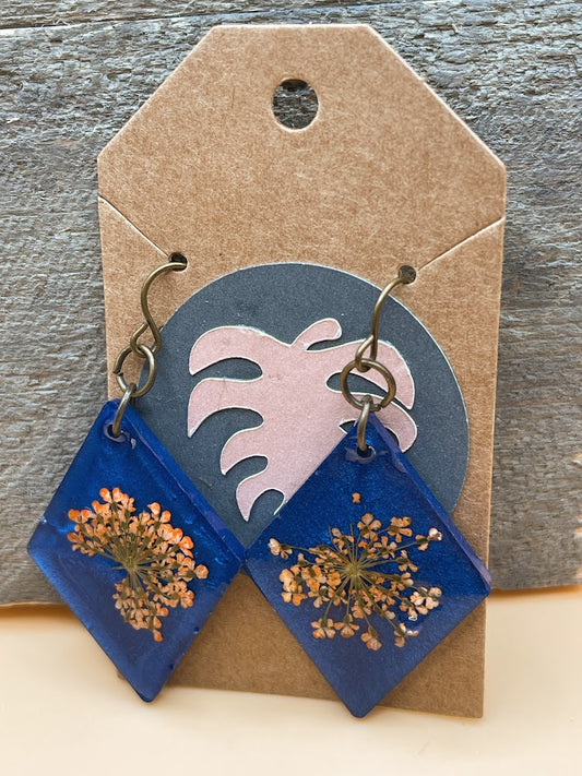 Orange Flowers in Blue Resin Diamond Shaped Earrings