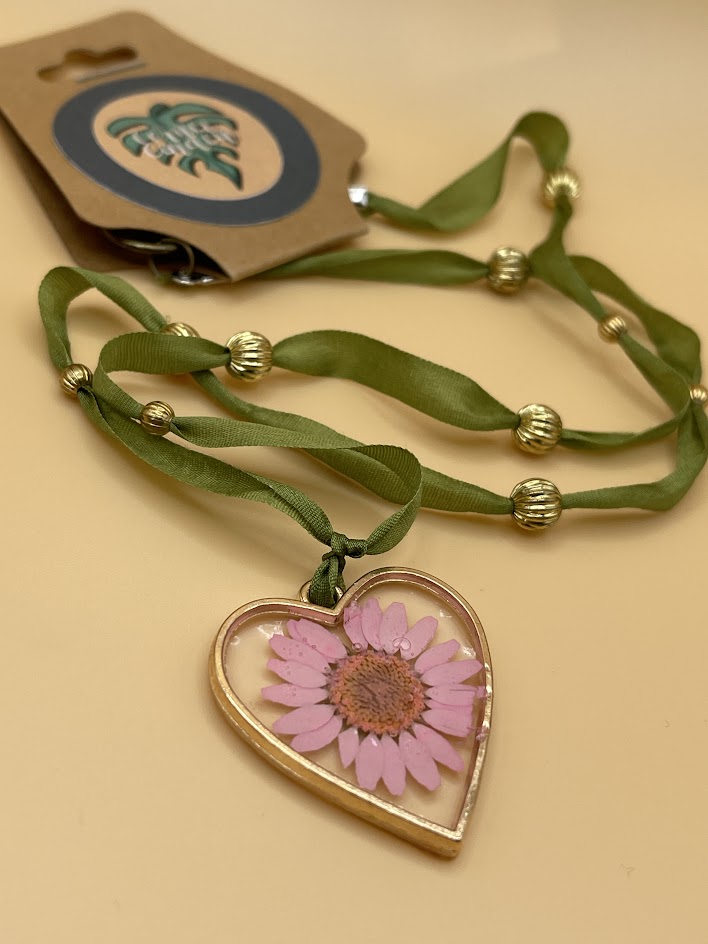 Pink Daisy with Green Ribbon and Gold Necklace