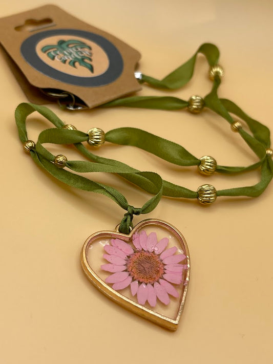 Pink Daisy with Green Ribbon and Gold Necklace