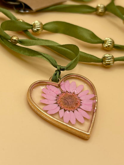 Pink Daisy with Green Ribbon and Gold Necklace