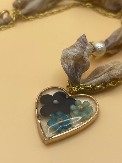 Silk Ribbon Necklace with Resin Pendant