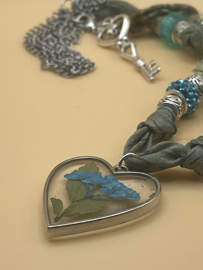 Blue and Green Silk Ribbon Necklace with Resin Pendant