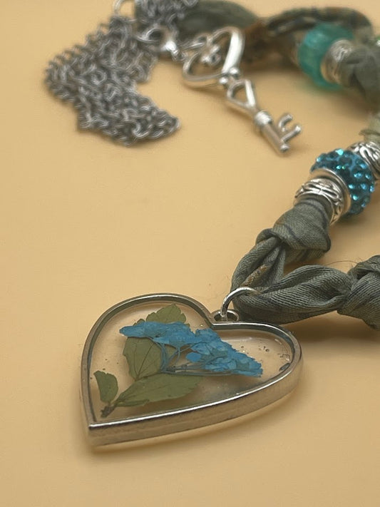 Blue and Green Silk Ribbon Necklace with Resin Pendant