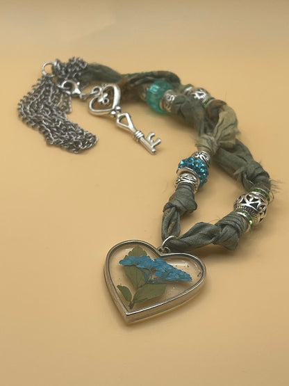 Blue and Green Silk Ribbon Necklace with Resin Pendant